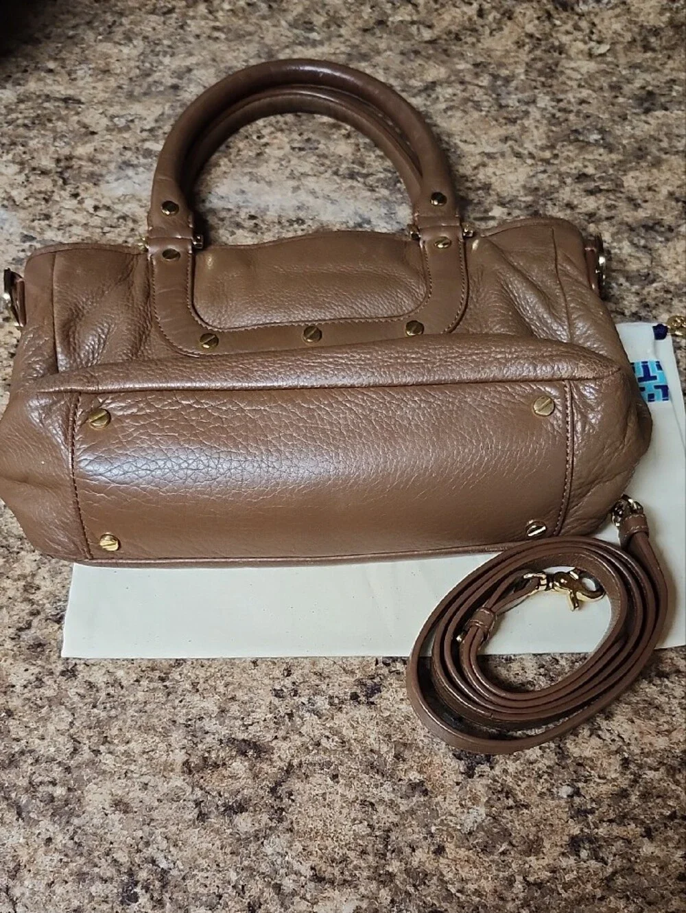 Tory Burch Amanda Brown Leather Satchel Handbag with Gold Logo Accent